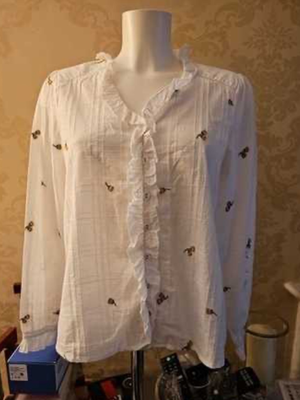 Fat Face Cotton Button Up Ruffle Embroidered Sunflower Lightweight Top, 4